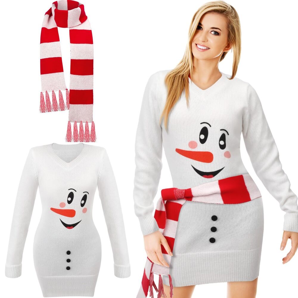 1182 Christmas Sweater Dress Cute Snowman Pullover Sweater with Santa Scarf